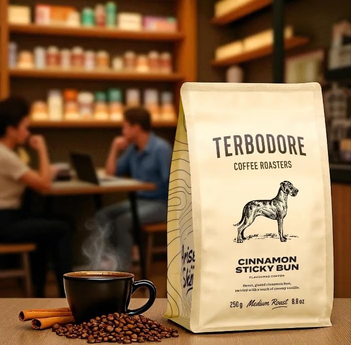 Terbodore Cinnamon Sticky Bun flavoured whole bean coffee, medium roast, 250g