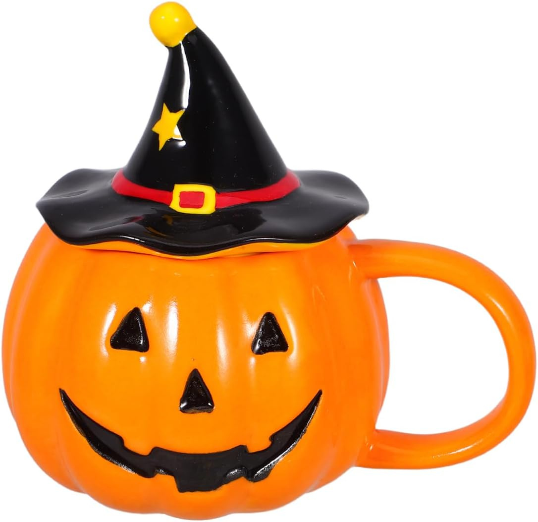 Ceramic mug shaped like a jack-o'-lantern with a black witch hat lid