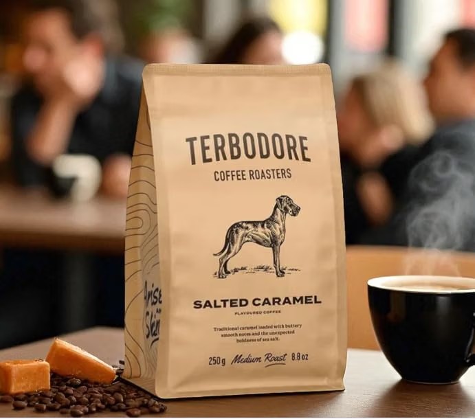 Terbodore Salted Caramel flavoured whole bean coffee, medium roast, 250g