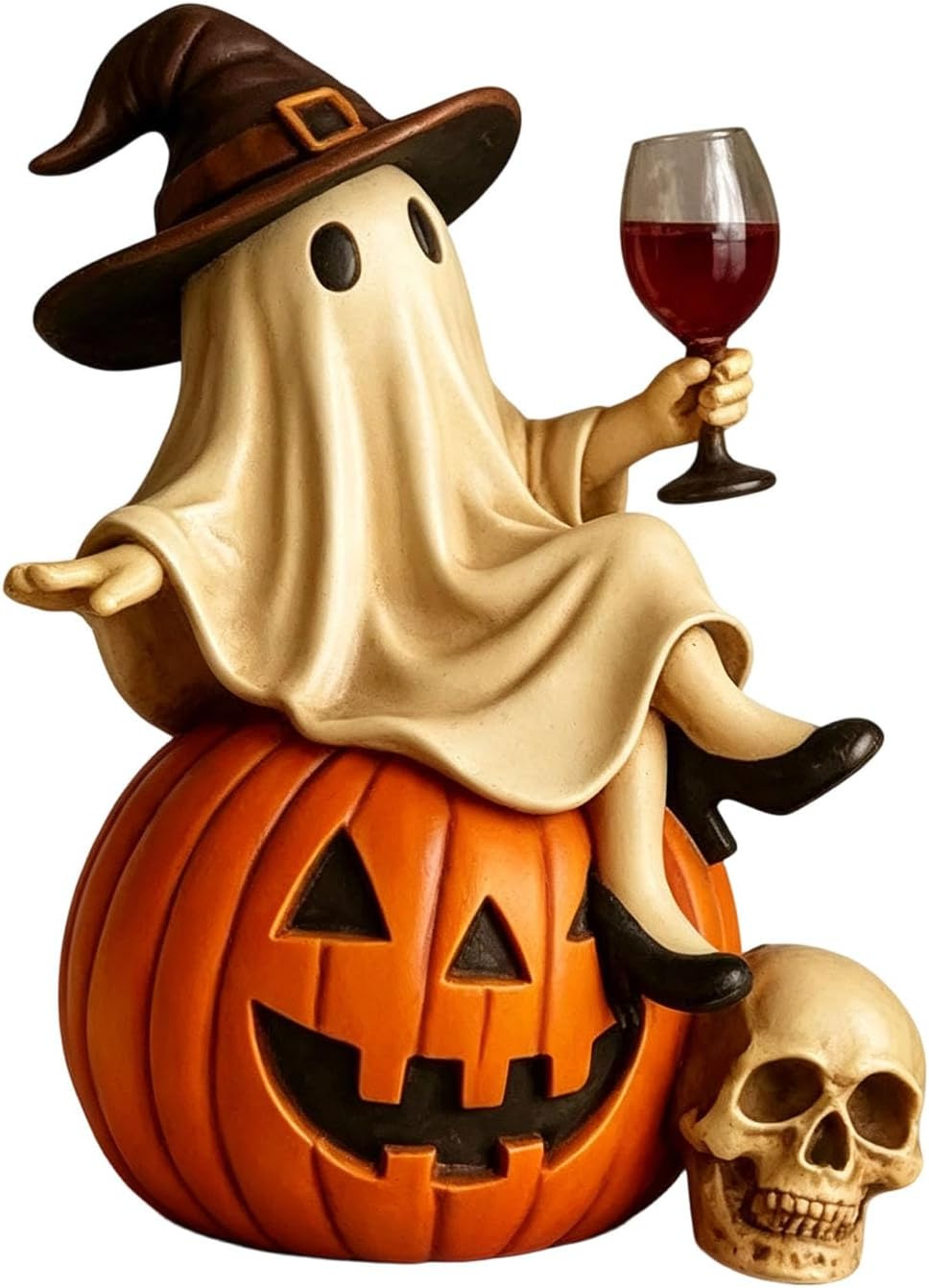 Hand-painted resin ghost figurine sitting on a pumpkin holding a wine glass