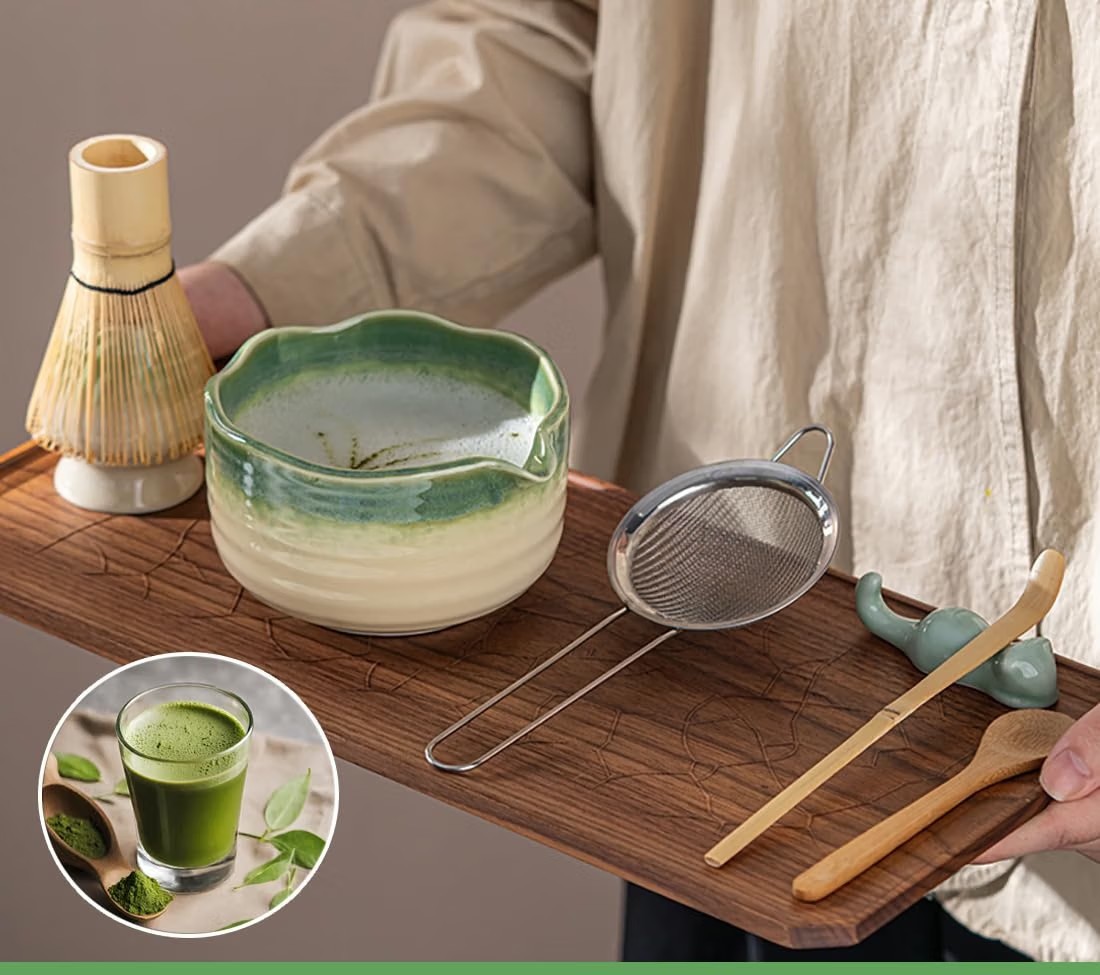 Deluxe matcha ceremony set with ceramic bowl, bamboo whisk, sifter, scoop and spoon on a wooden serving tray