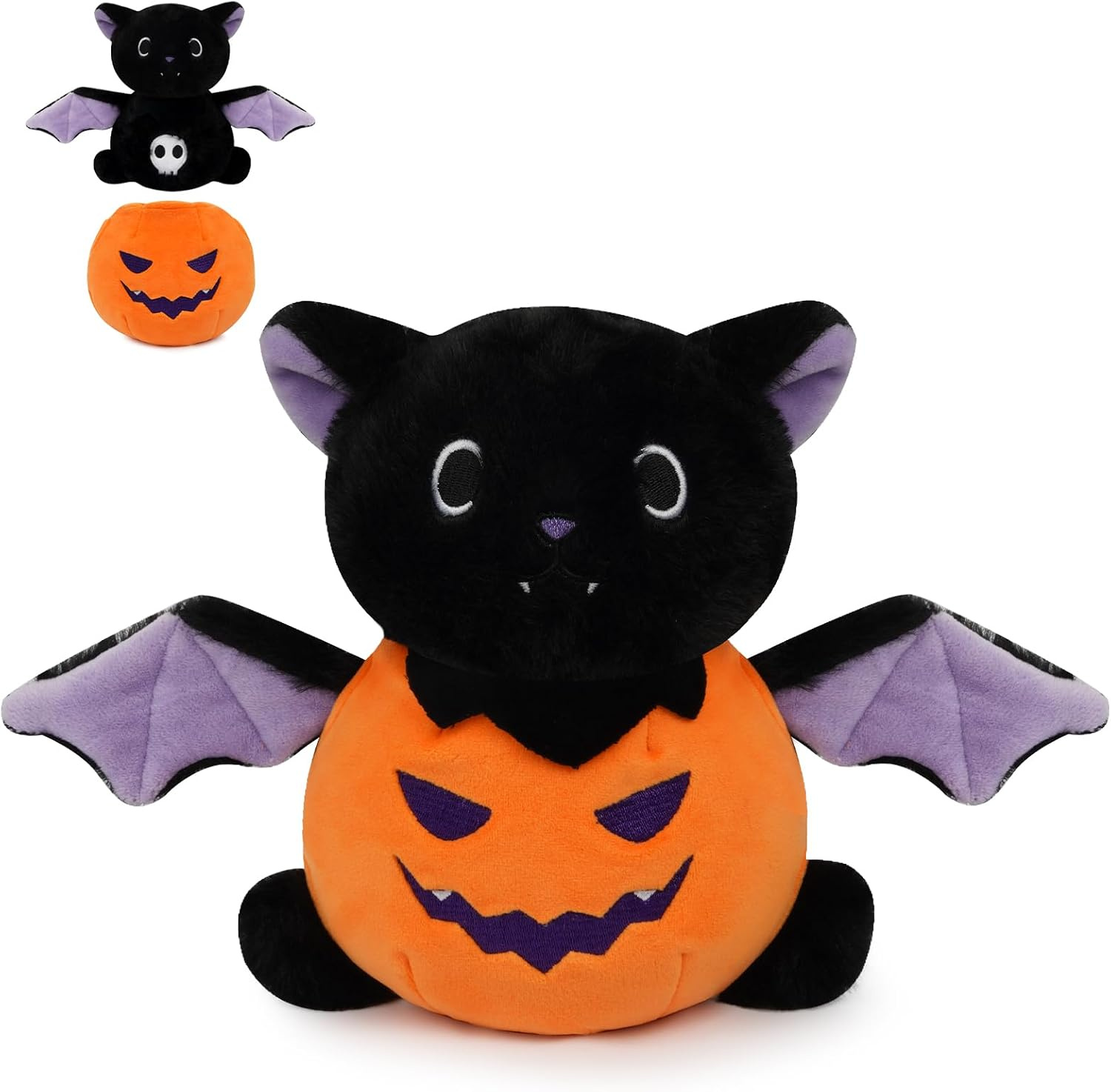 Plush black bat toy wearing a removable orange pumpkin costume