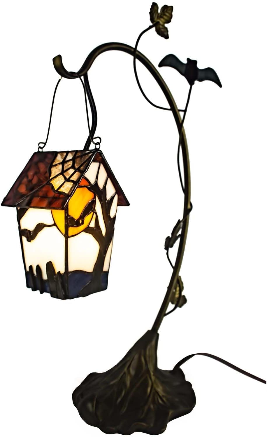 Tiffany-style stained glass birdhouse table lamp with bats and a spooky graveyard scene, on a curved bronze branch stand with a bat nest base