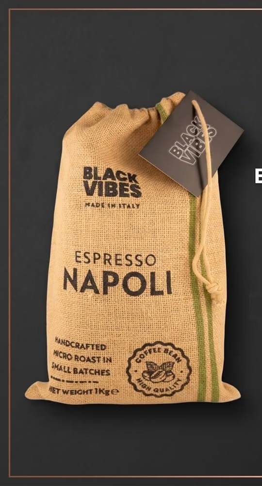 Black Vibes Espresso Napoli coffee blend in a hessian sack, handcrafted micro roast, 1kg