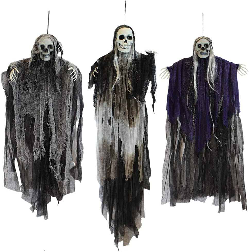 Three hanging skeleton grim reaper decorations in a large and two small sizes