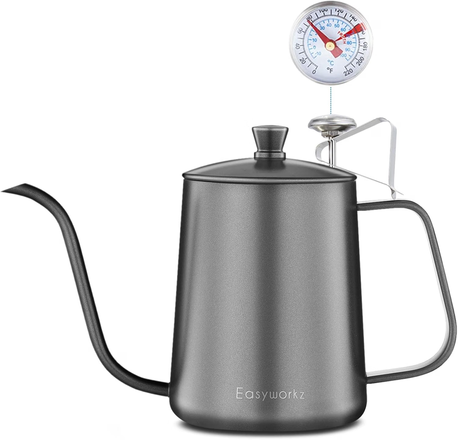 Easyworkz gunmetal gooseneck pour-over kettle with a clip-on brewing thermometer