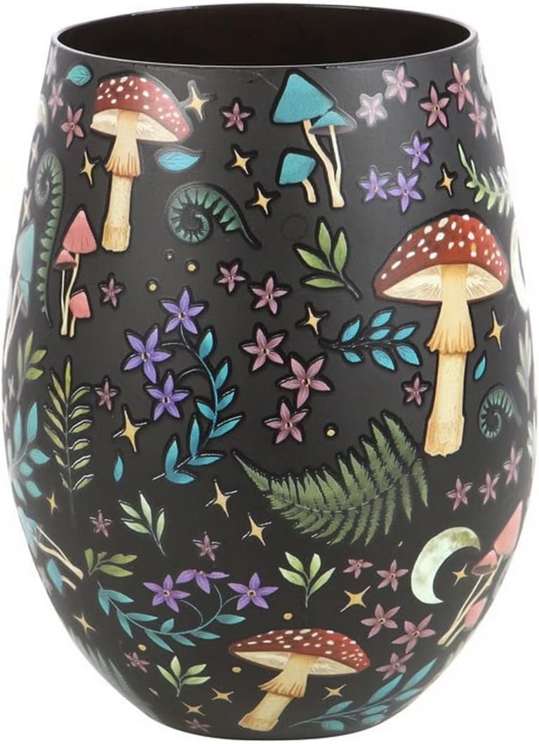 Matte black stemless glass with fly agaric mushrooms, ferns, wildflowers and a crescent moon