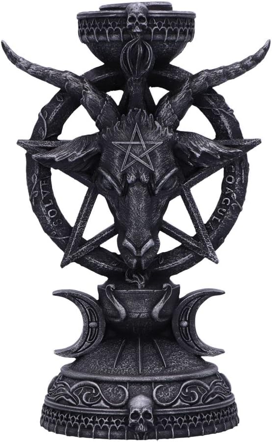 Baphomet-head candle holder statue with an inverted pentagram, horns, and crescent moon base