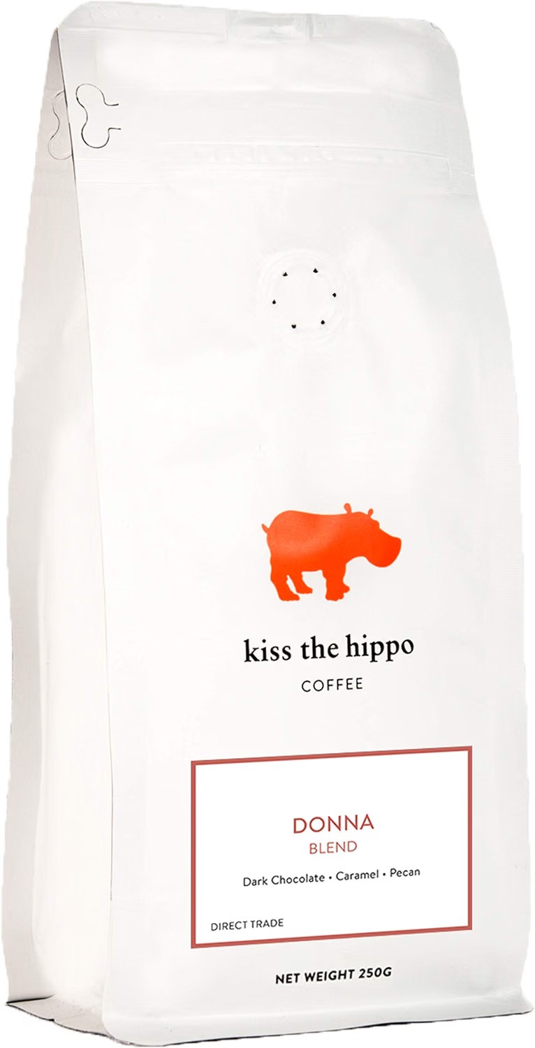 Kiss the Hippo Coffee Donna Blend, direct trade coffee beans with notes of dark chocolate, caramel and pecan, 250g