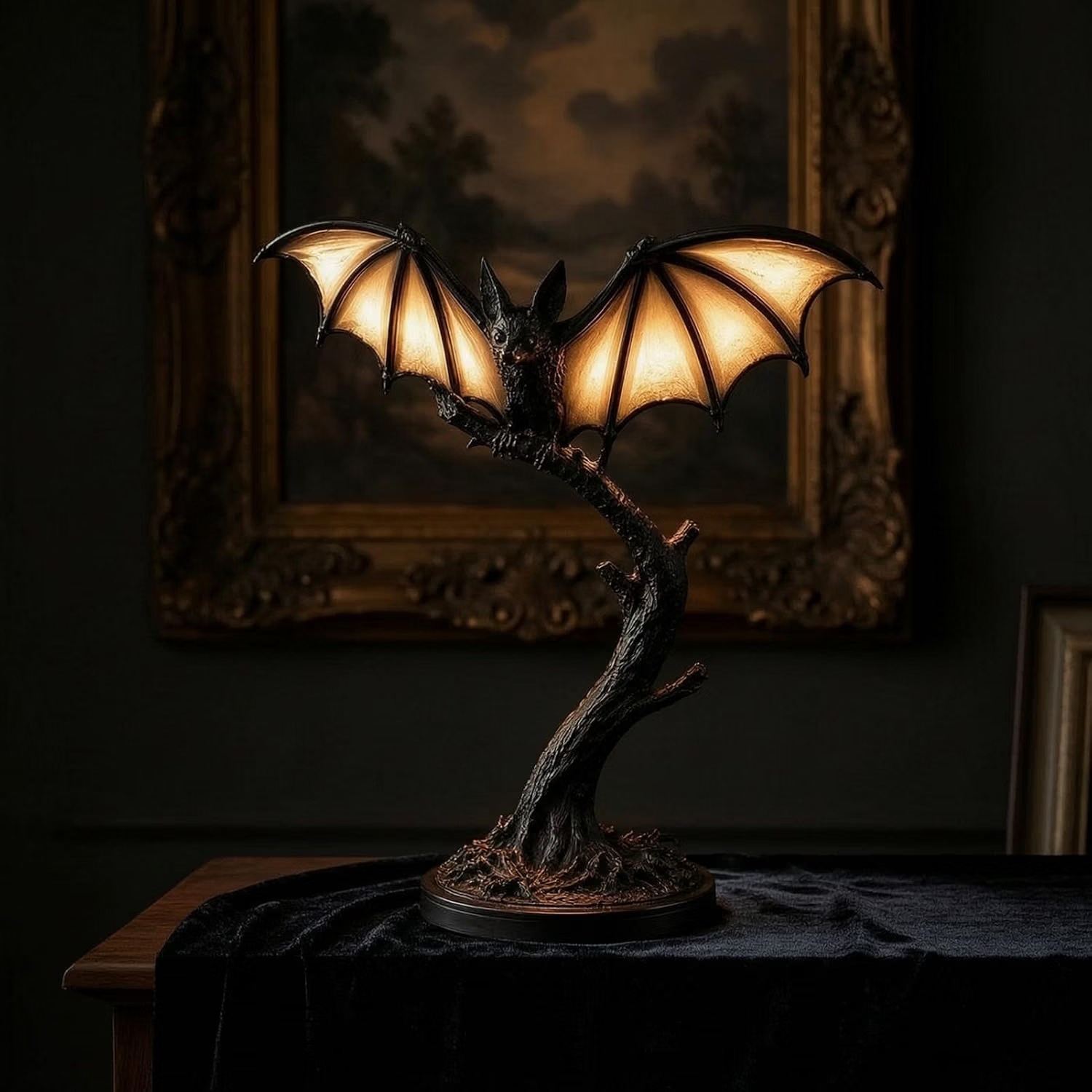 Bat lamp perched on a gnarled bronze branch, its outstretched wings glowing as amber lampshades