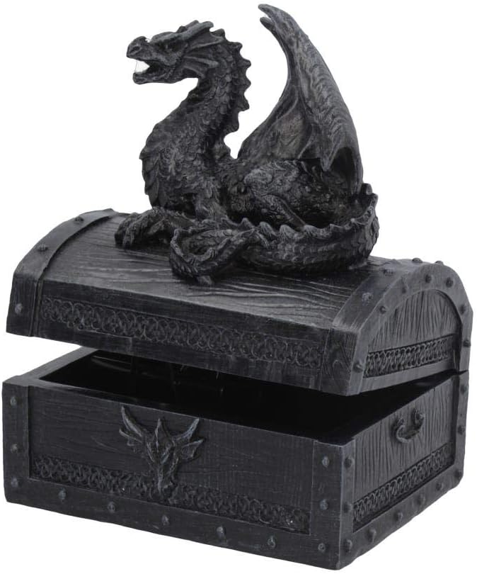 Black dragon treasure chest trinket box, with a sculpted dragon perched on a stone-effect lid above a hidden storage compartment