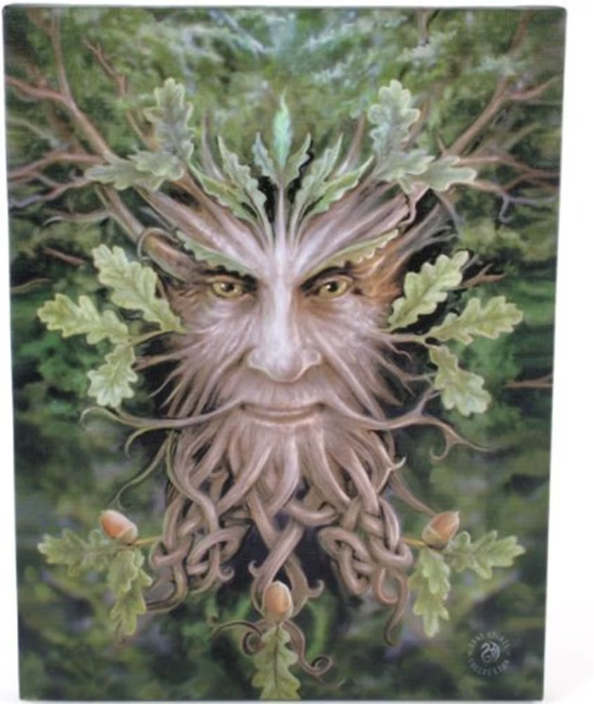 Anne Stokes Green Man canvas print, a foliate forest-spirit face made from oak leaves, twisted vines and acorns