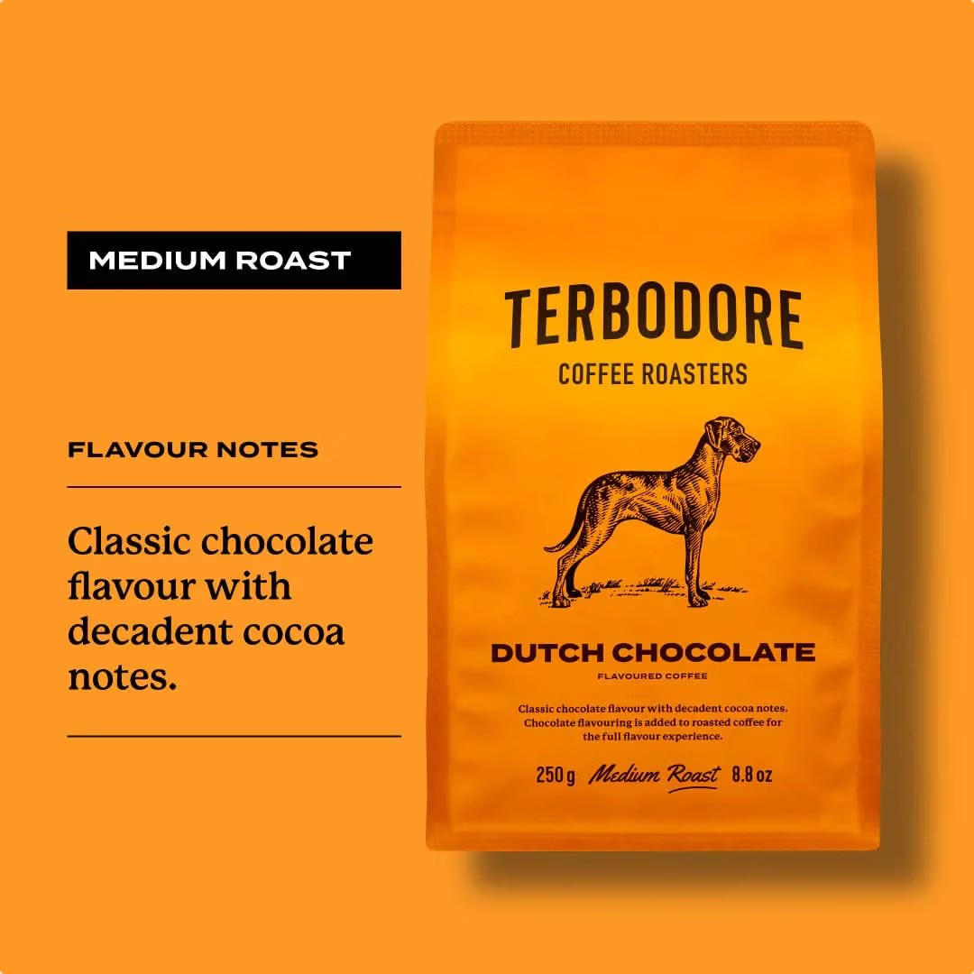 Terbodore Dutch Chocolate flavoured whole bean coffee, medium roast, 250g