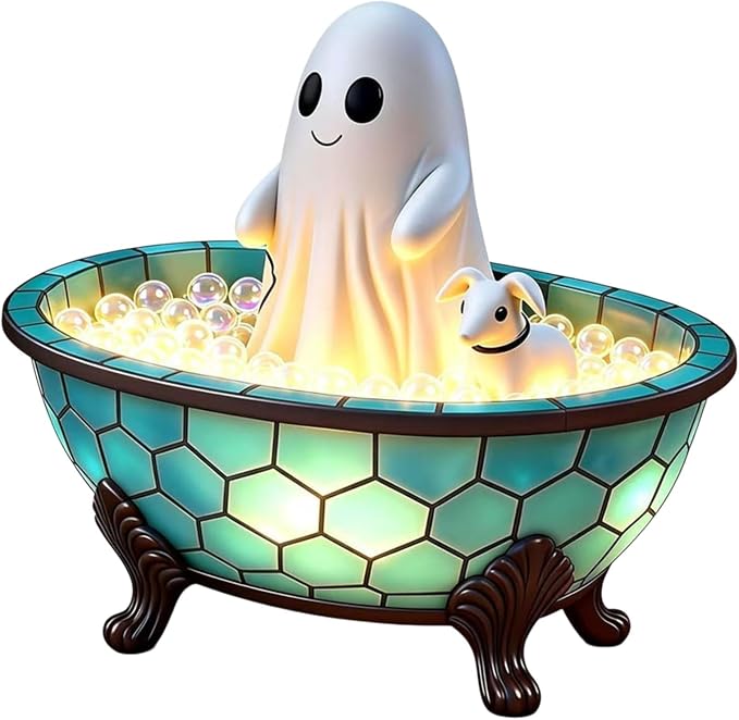 Light-up ghost night light sitting in a vintage patchwork clawfoot bathtub, with a little dog and glowing bubbles