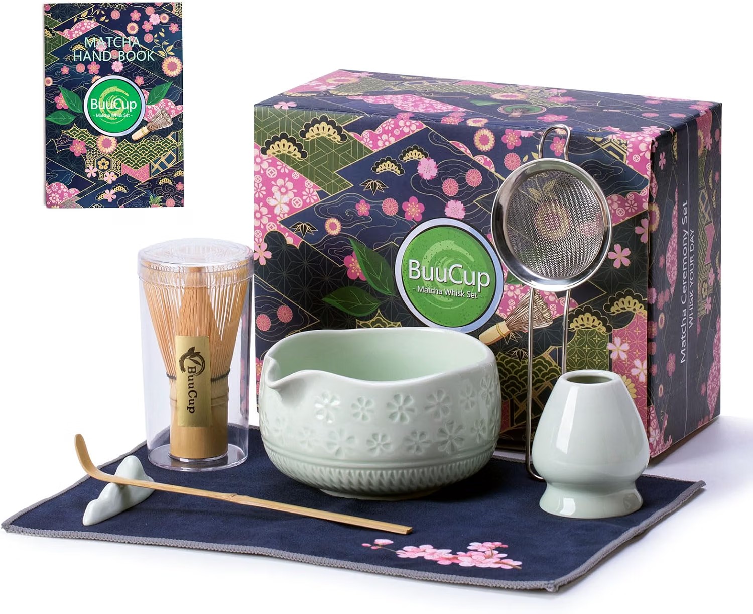 BuuCup boxed matcha ceremony gift set with whisk, bowl, whisk holder, sifter, scoop, mat and handbook