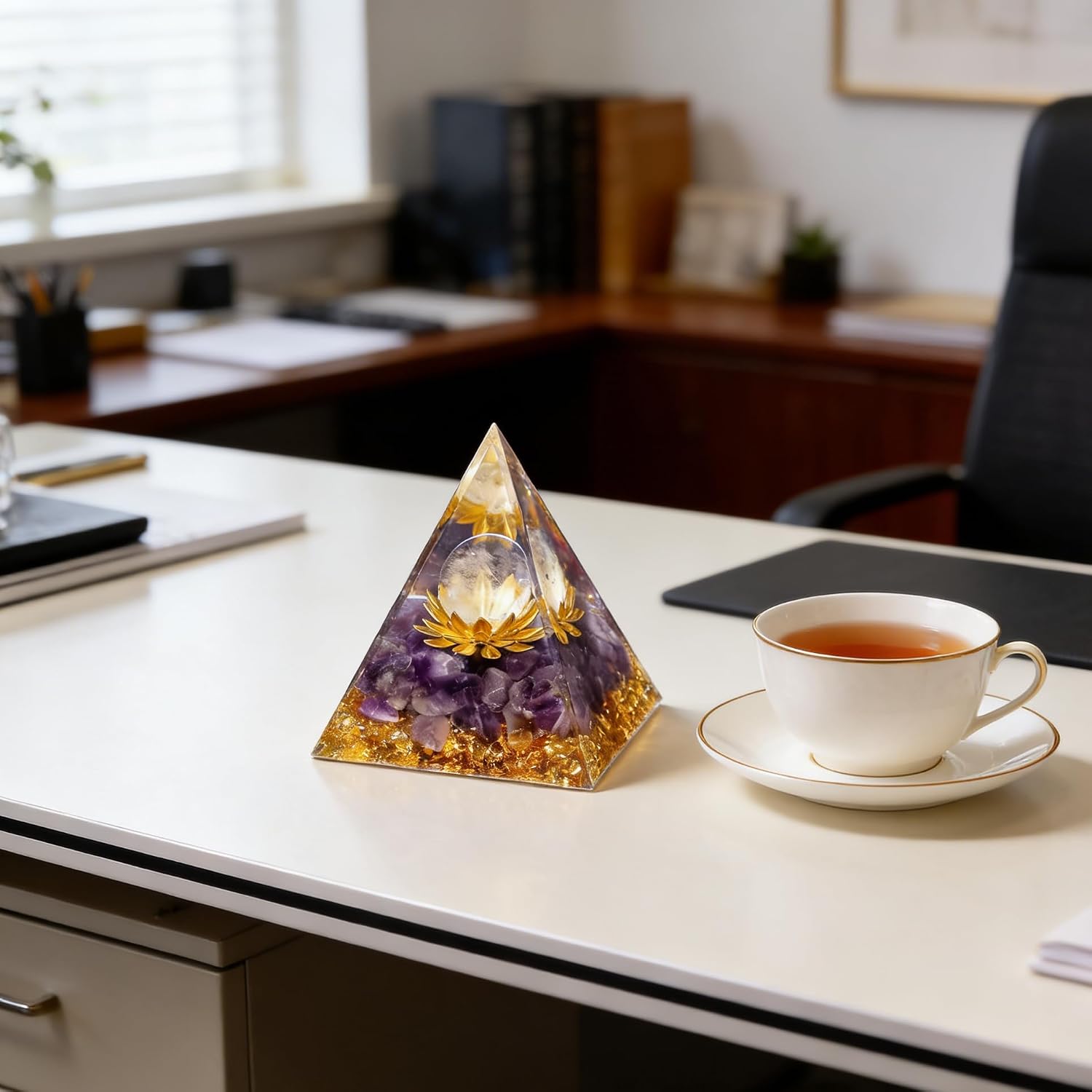 XIANNVXI amethyst orgonite pyramid with a gold lotus flower, on a desk beside a cup of tea