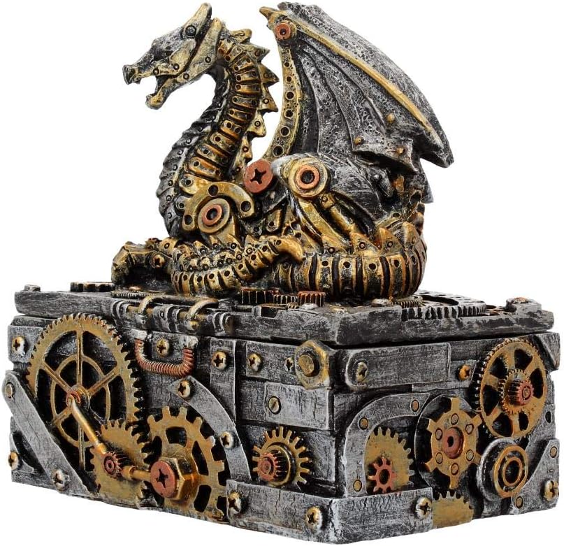 Steampunk dragon trinket box with intricate gears and industrial detailing in gold, silver, and copper resin, with a hidden storage compartment