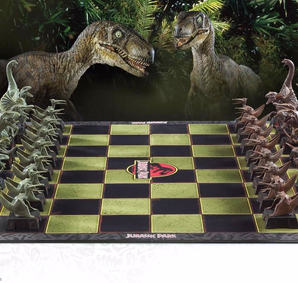 The Noble Collection Jurassic Park chess set, with pieces styled after the film's dinosaurs and characters