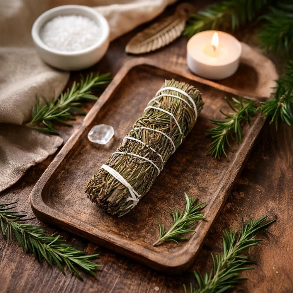 Tied rosemary smudge stick resting on a wooden tray with sea salt, a quartz crystal, and a lit candle