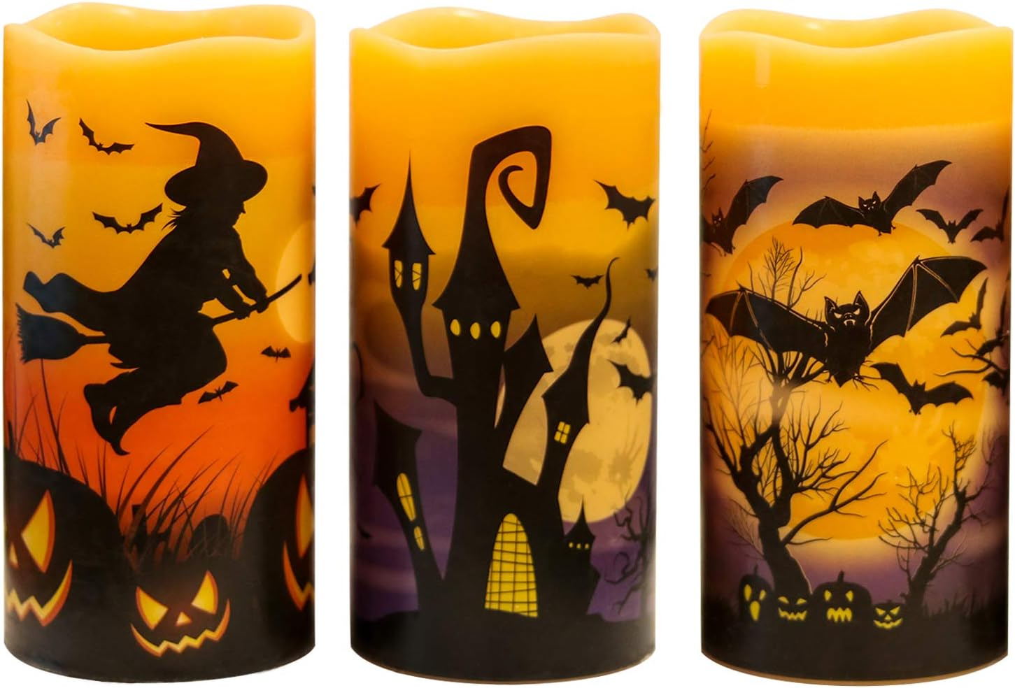 Set of three flameless LED pillar candles printed with a bat, castle, and witch Halloween scene