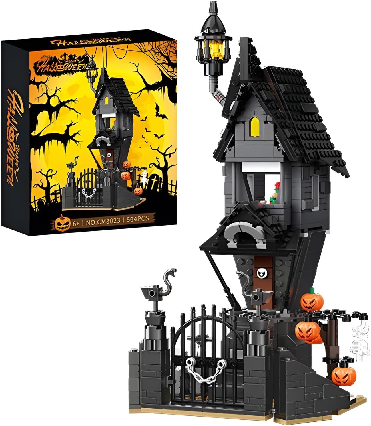 564 piece Halloween haunted mansion building block set with a crooked black and grey house, lantern, gated graveyard entrance and jack-o'-lanterns