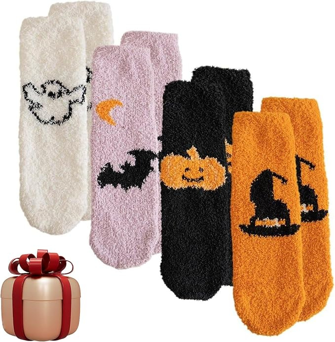 Four pairs of fluffy Halloween crew socks with pumpkin, bat, ghost, and cartoon designs