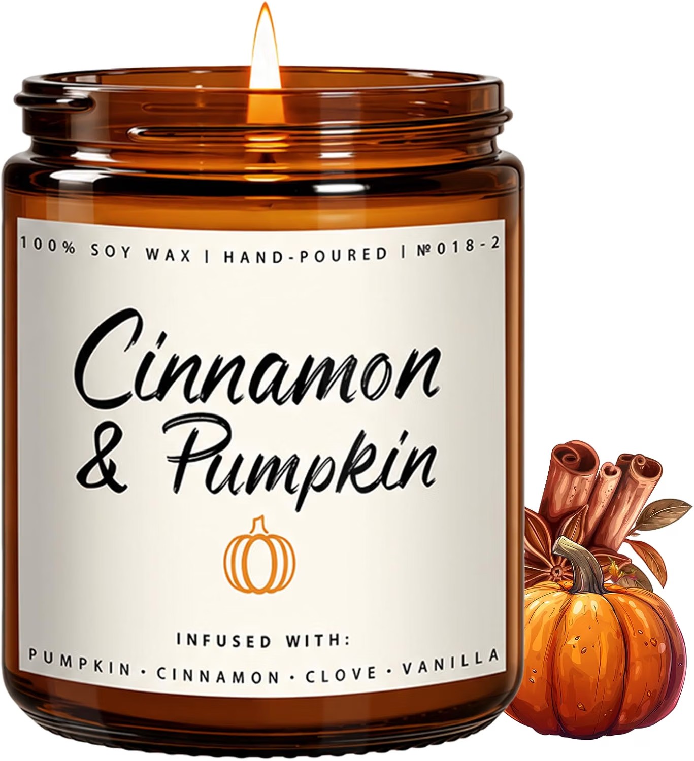 Hand-poured Cinnamon & Pumpkin soy wax candle in an amber glass jar