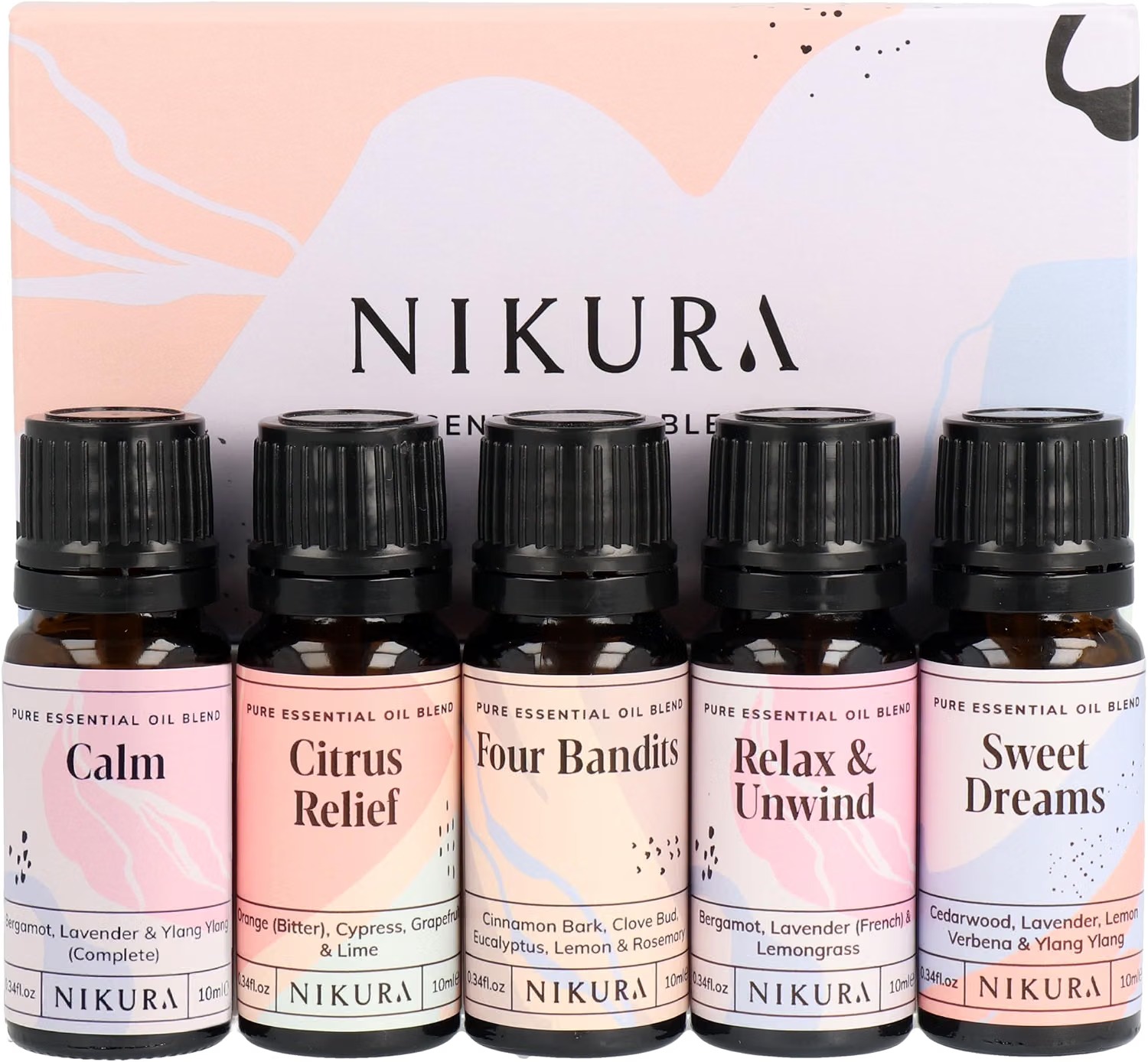 Nikura pure essential oil blend gift set of five 10ml bottles: Calm, Citrus Relief, Four Bandits, Relax & Unwind, and Sweet Dreams