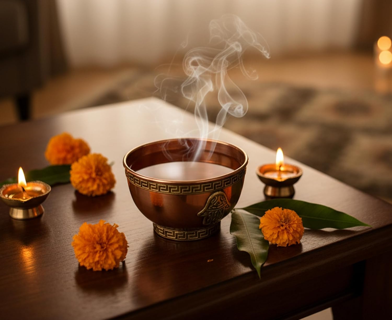 eSplanade decorative brass ritual bowl with Hamsa medallion and geometric border, styled with candles and marigolds