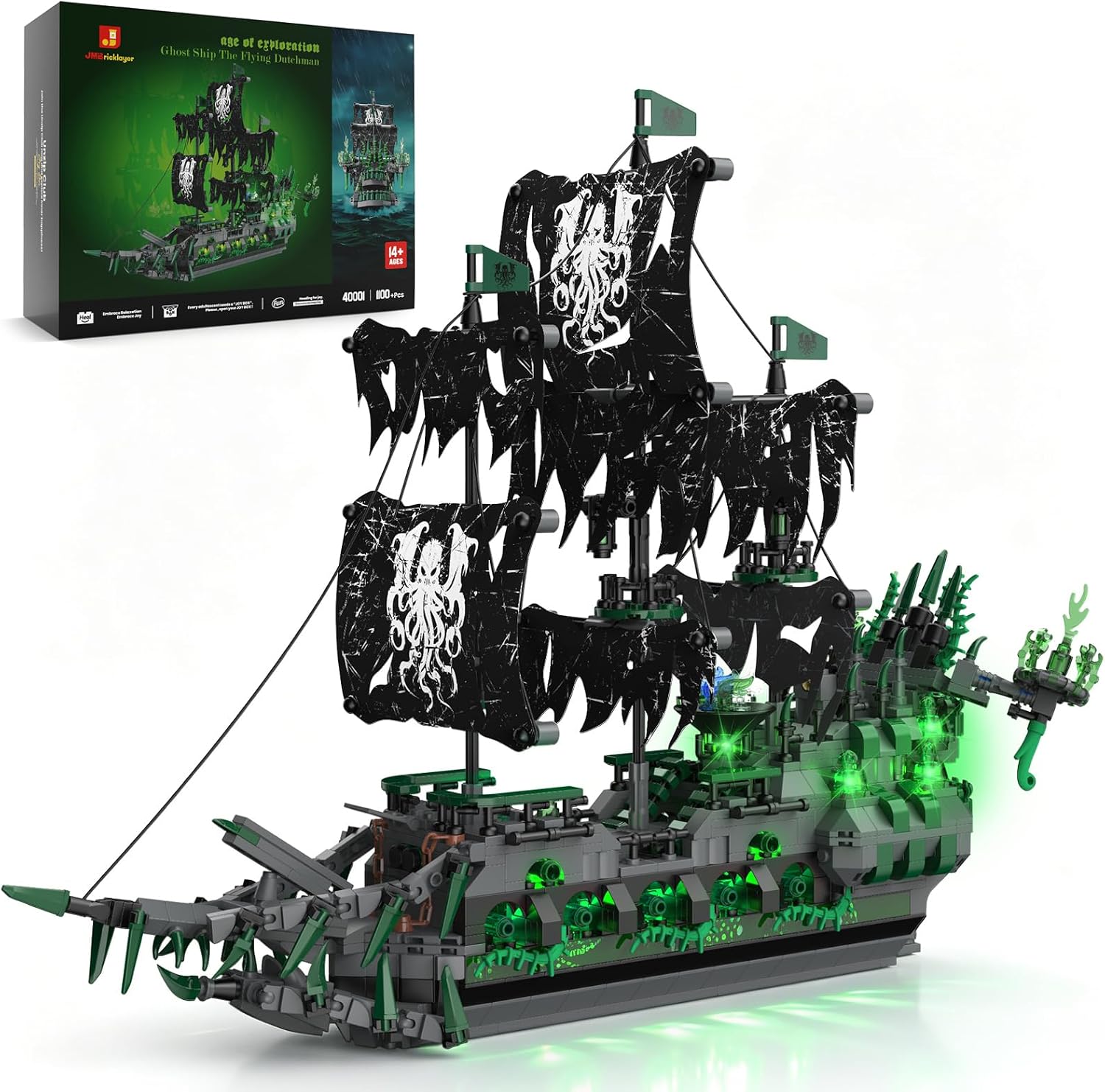 Black and green ghost ship building block set, the Flying Dutchman, with tattered skull-emblem sails, a barnacle-covered hull and glowing green LED lights
