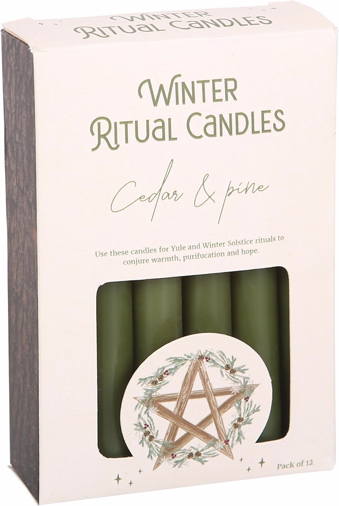 Box of Yuletide Decor Cedar and Pine Winter Solstice spell candles, pack of twelve green ritual candles with a pentagram wreath design on the packaging