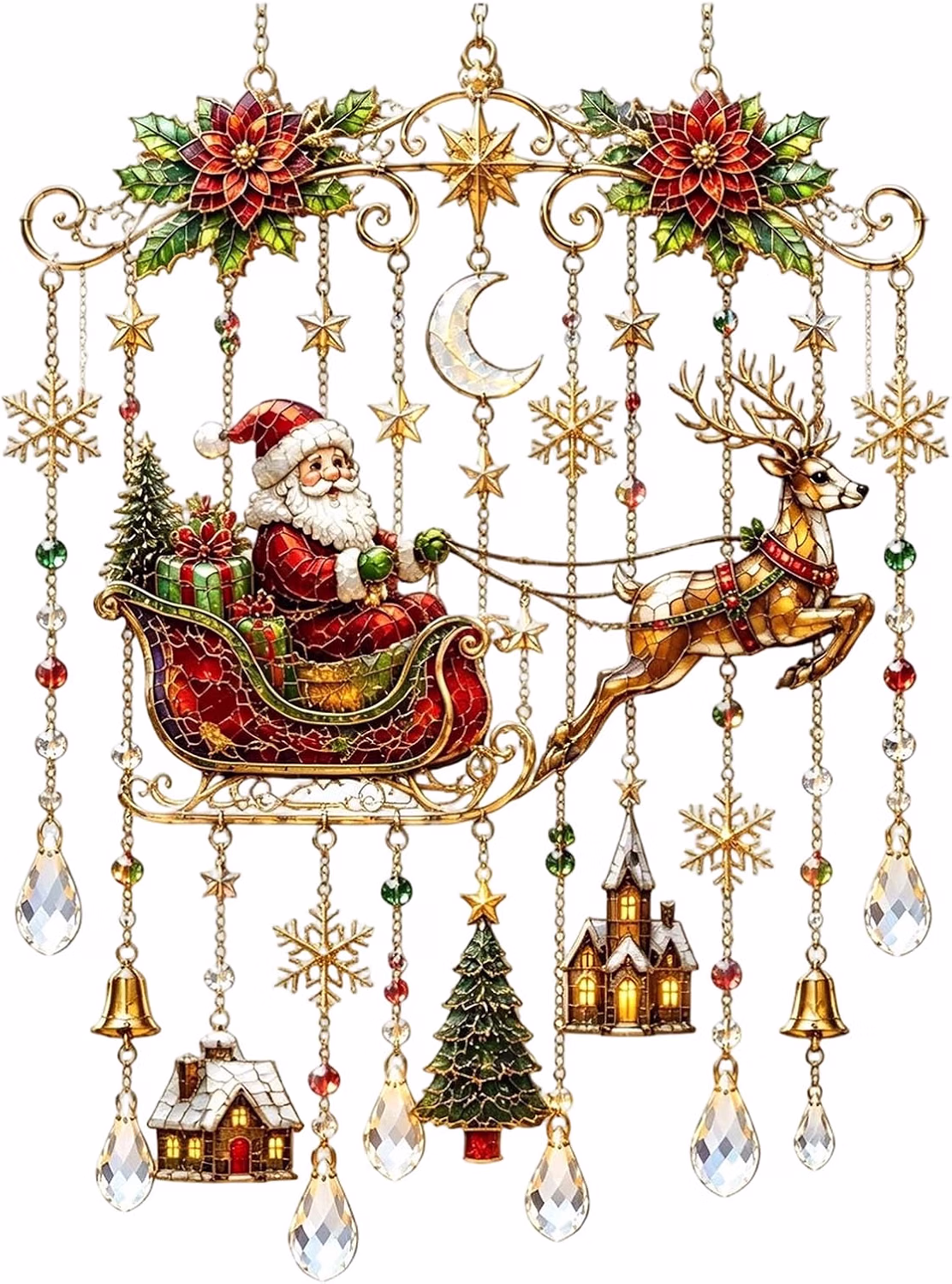 Round 3D stained glass Christmas window hanging wind chime with holly, berries, and hanging crystal drops