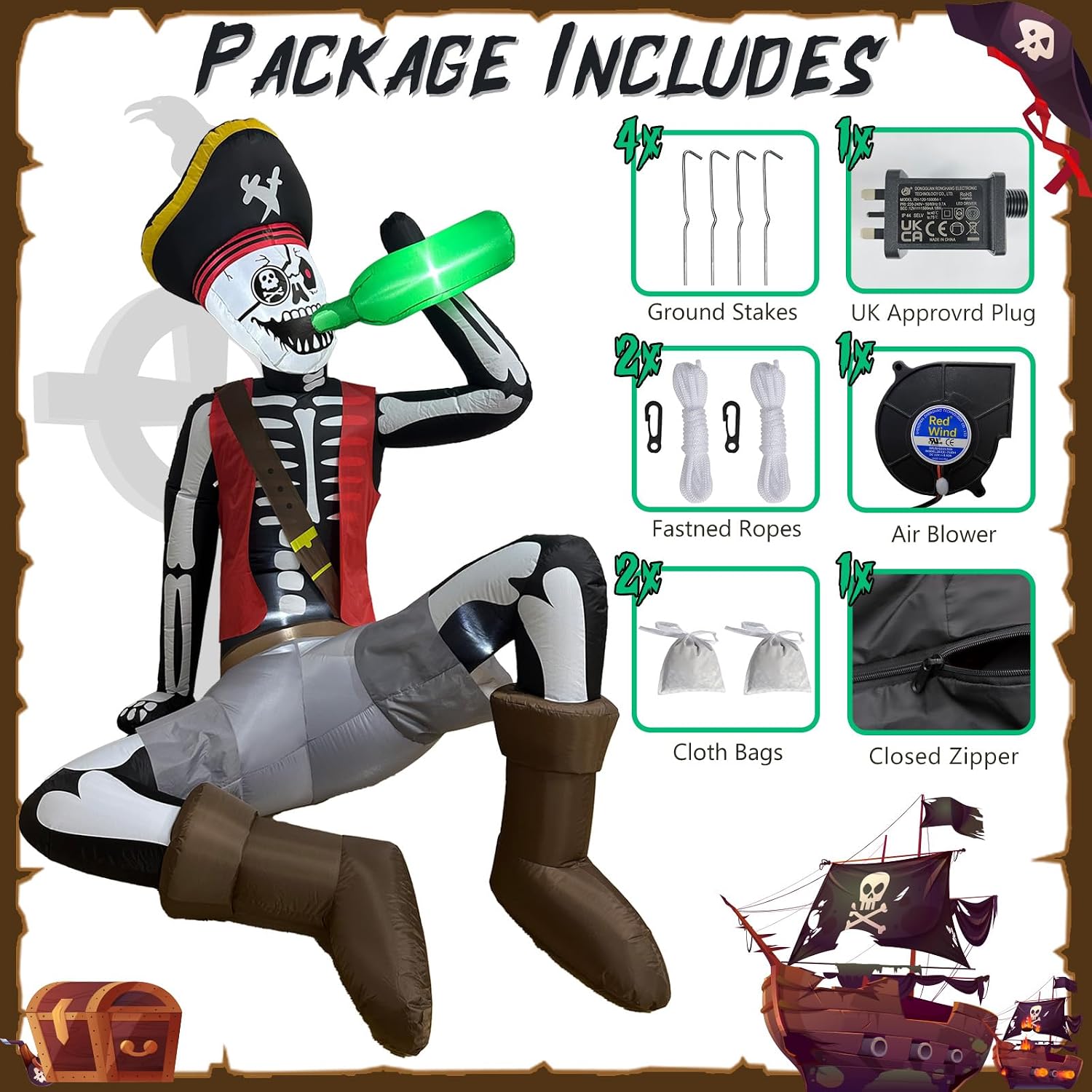 Giant inflatable skeleton pirate lawn decoration, sitting and drinking from a bottle