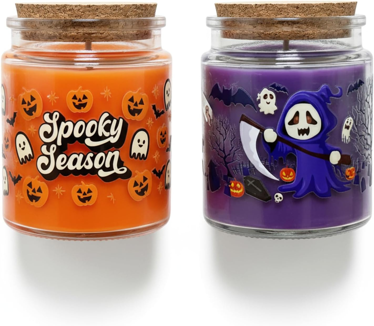 Two orange and purple soy wax jar candles with a Spooky Season label design