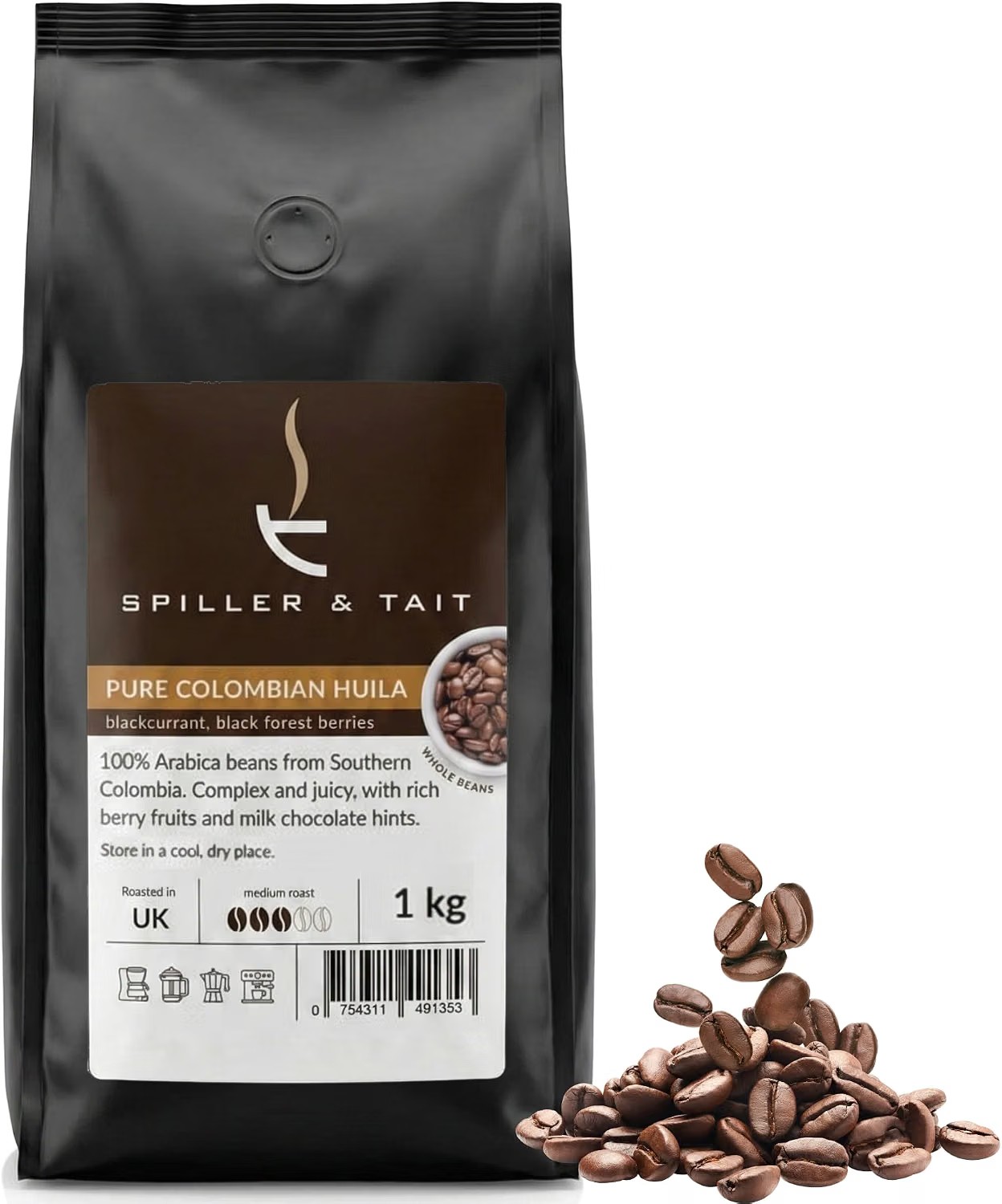 Spiller & Tait Pure Colombian Huila whole coffee beans, 1kg, medium roast