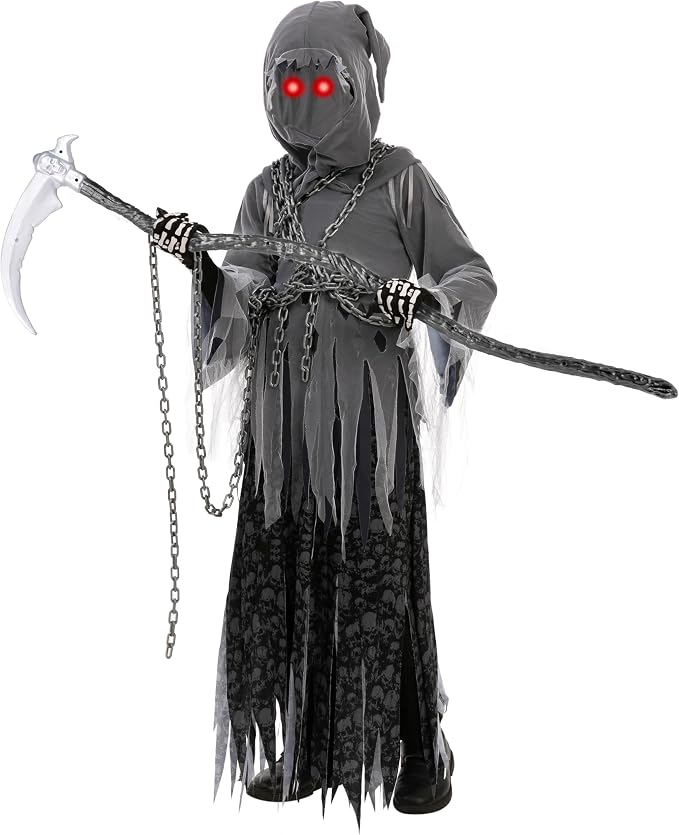 Kids' grey phantom reaper Halloween costume with a tattered hooded robe wrapped in chains, glowing red eyes, skeleton-hand gloves, and a scythe prop
