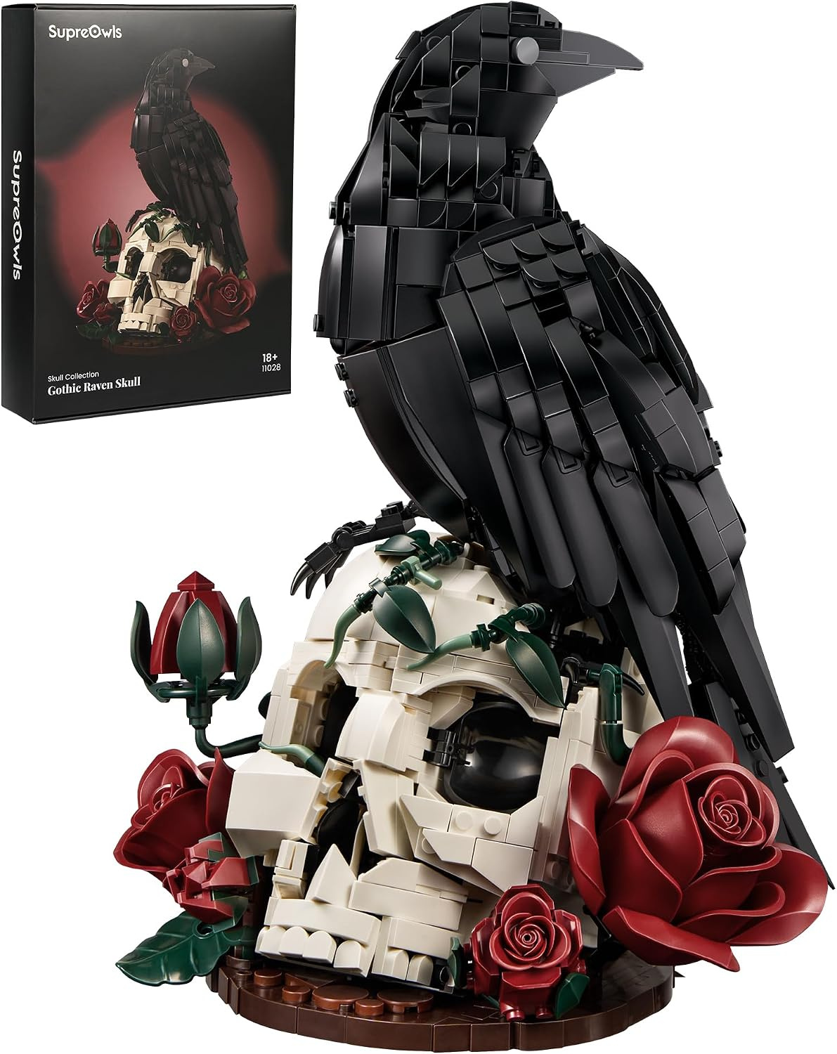 Gothic brick-built display kit of a black raven perched on a skull amid red roses