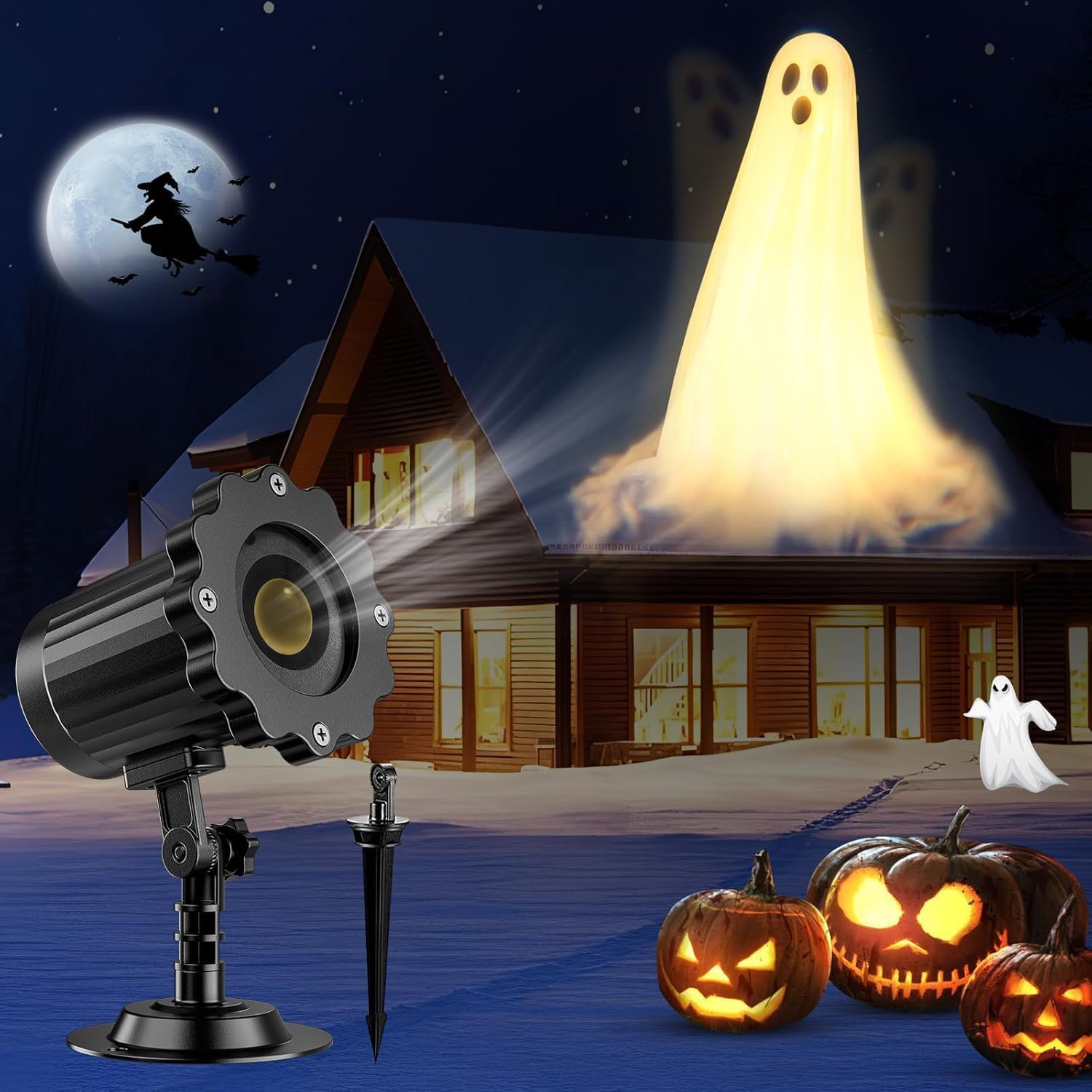 Halloween ghost projector light casting a glowing ghost shape and dynamic patterns onto a house front