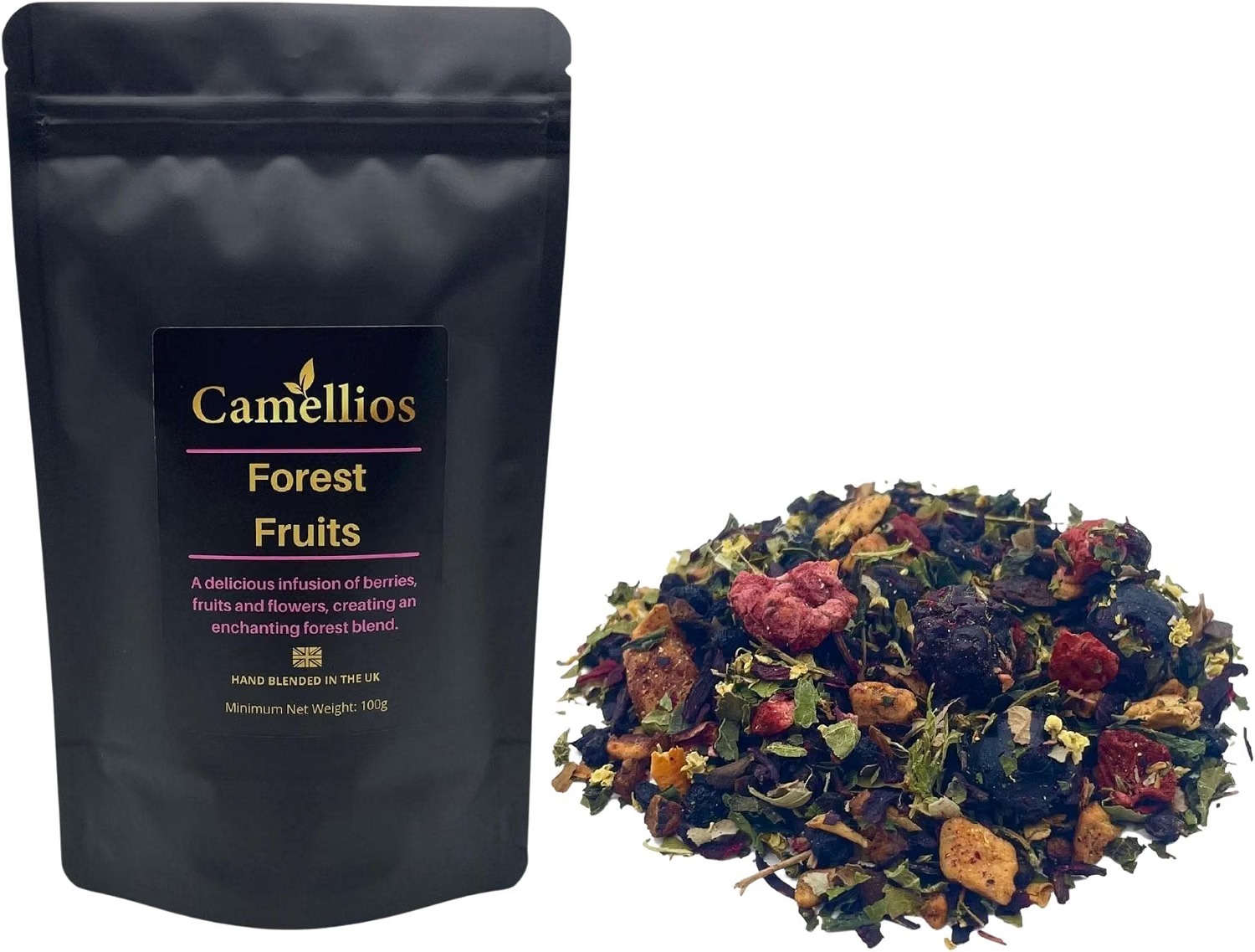 Camellios Forest Fruits loose leaf tea, a hand-blended infusion of berries, fruits and flowers