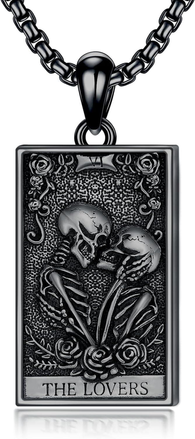 Black gunmetal 'The Lovers' tarot card pendant necklace with rose detailing, on a black chain