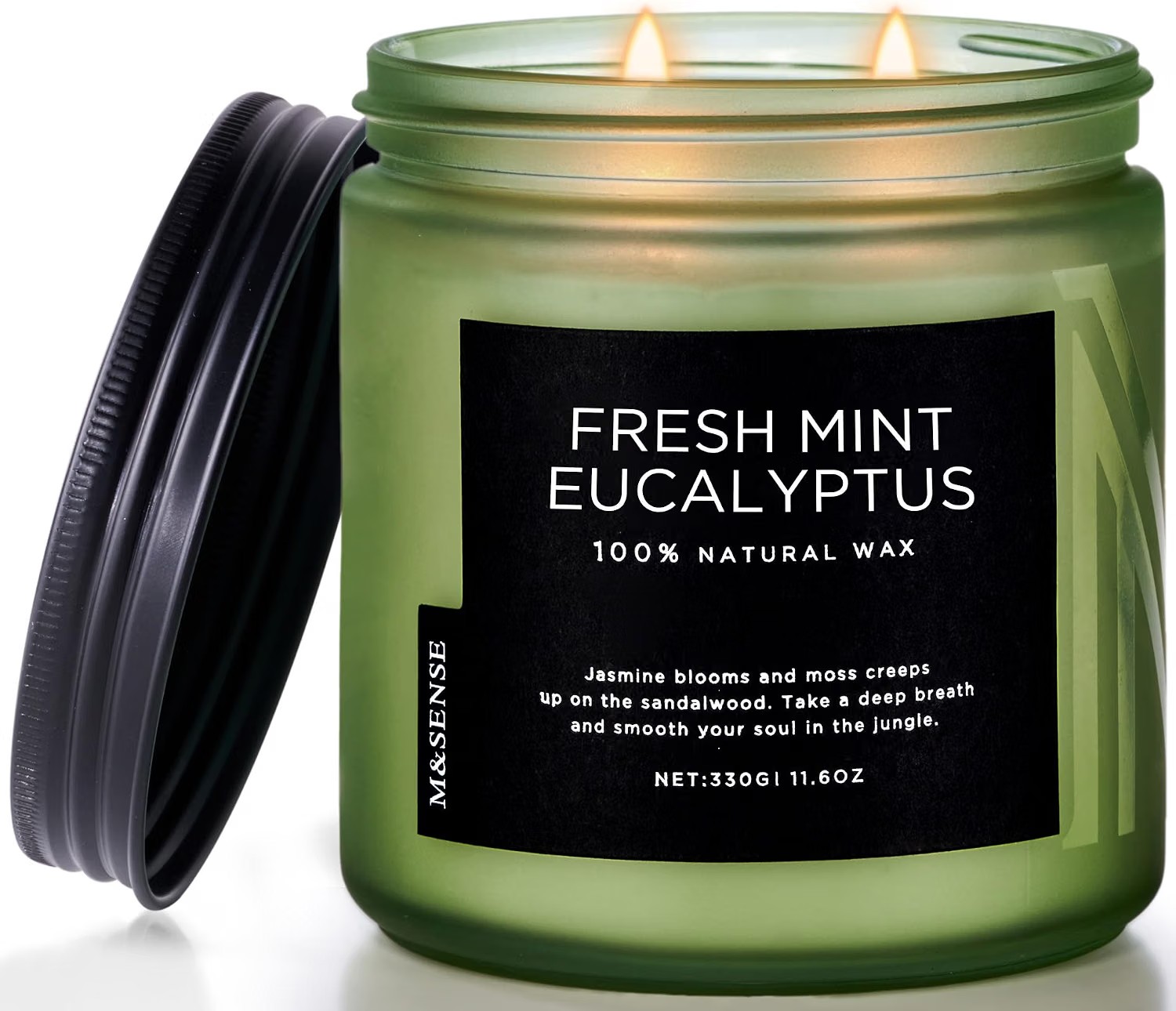 Fresh Mint Eucalyptus double-wick soy candle in a frosted green glass jar with black lid