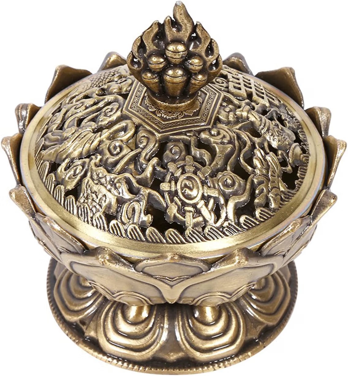 Ornate bronze lotus-shaped incense burner with dragon carvings and a flame finial