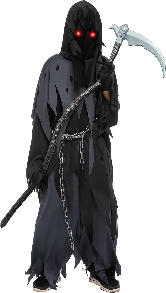 Kids' black Grim Reaper Halloween costume with a tattered hooded robe, chain belt, glowing red eyes, and a skull-topped scythe prop
