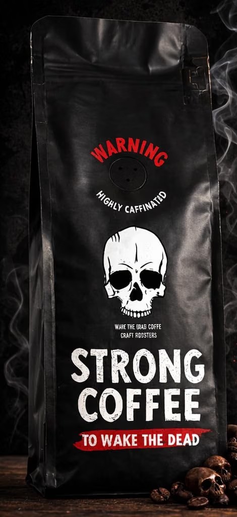 Strong Coffee to Wake the Dead, highly caffeinated craft roasted coffee beans with a skull motif