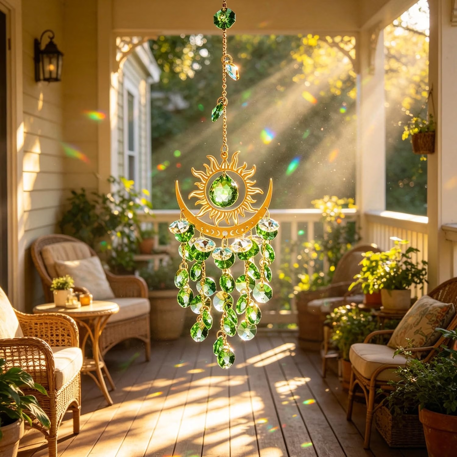 Gold sun and crescent moon crystal suncatcher wind chime with hanging green and clear crystal prisms