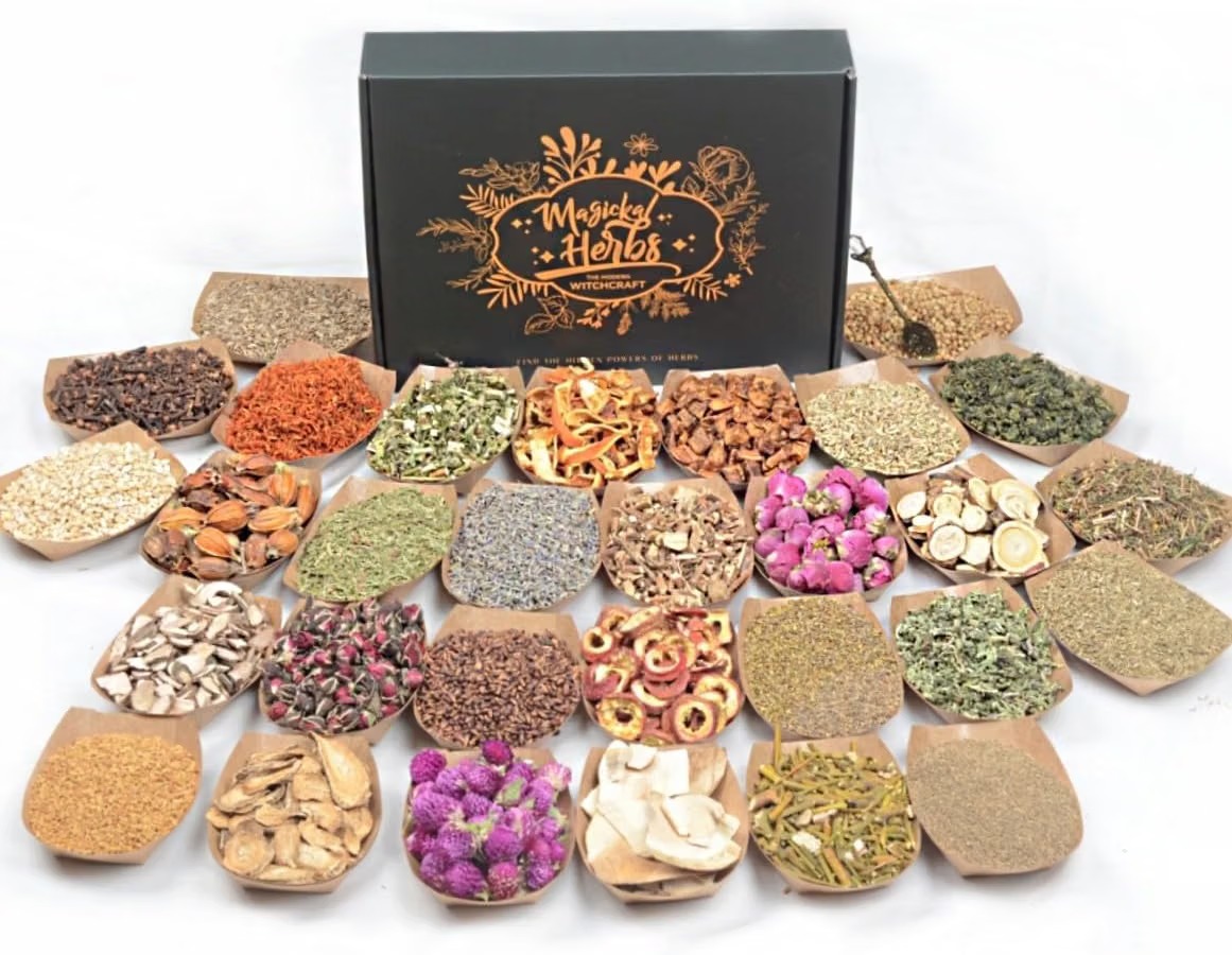 Magickal Herbs box set with thirty dried herbs and botanicals laid out in individual paper trays for spellwork and ritual