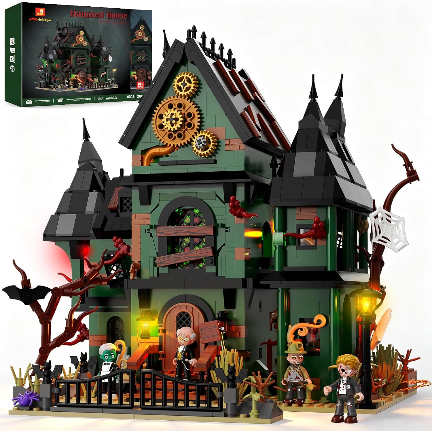 Green and black steampunk-style brick-built haunted house with giant brass gears, lantern light and four spooky minifigures behind a gate