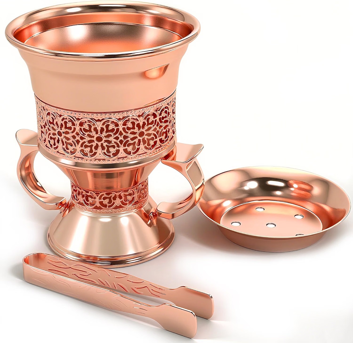 Ornate copper charcoal incense burner with filigree band, perforated ash dish, and matching tongs