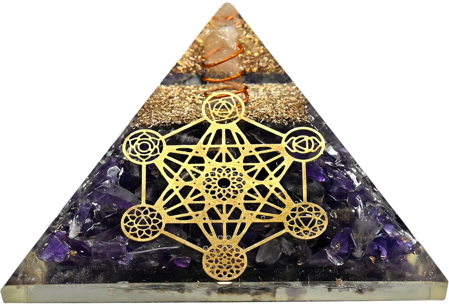 Amethyst orgonite pyramid with a Metatron's Cube design and a copper-wrapped quartz point
