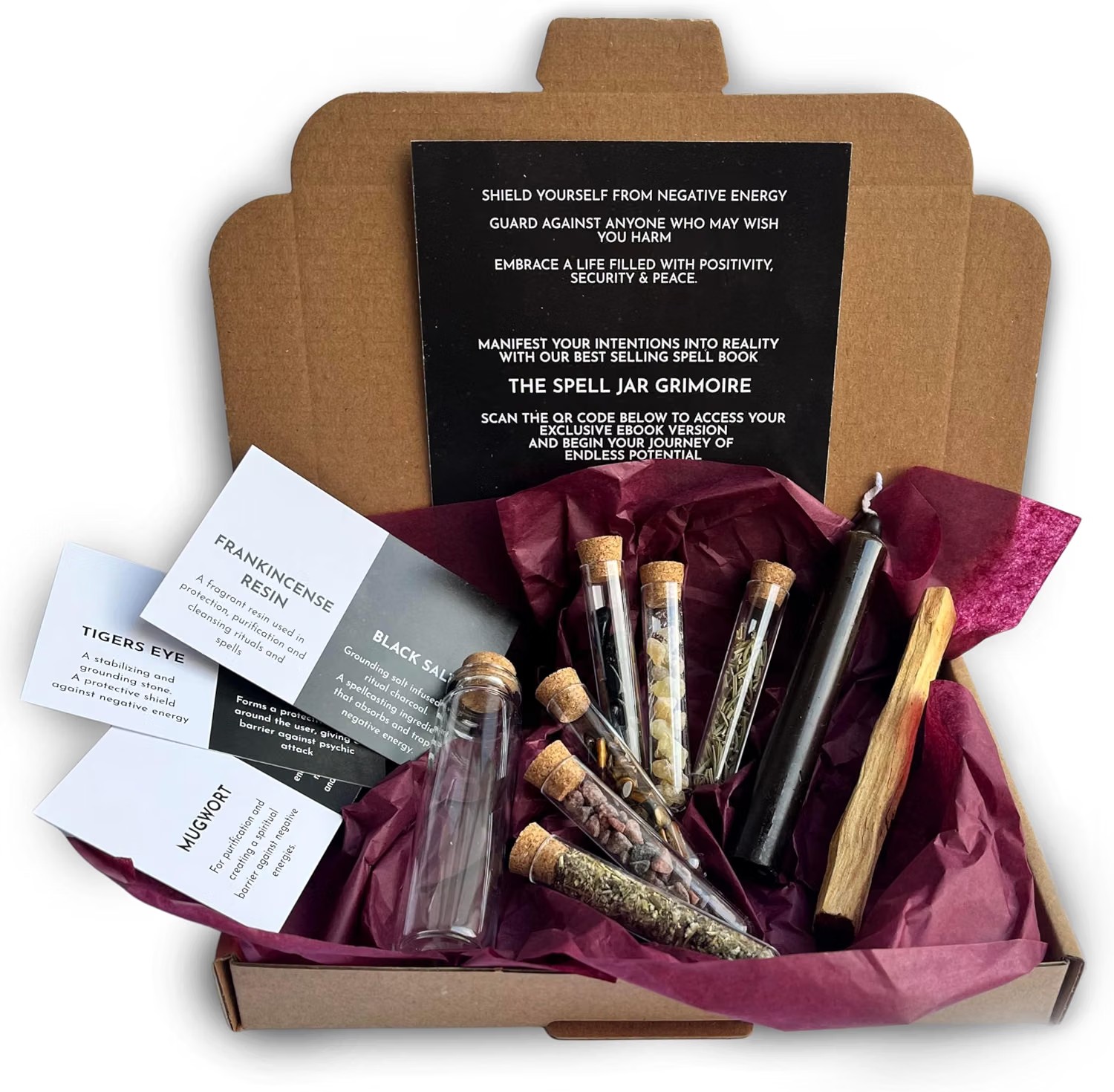 Witchcraft protection spell jar kit with tiger's eye, frankincense resin, black salt, mugwort, palo santo sticks, a black candle, and an empty glass vial
